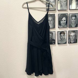 Express Black Mesh Shorts Romper with Tie Waist, Surplice Tank V-Neck